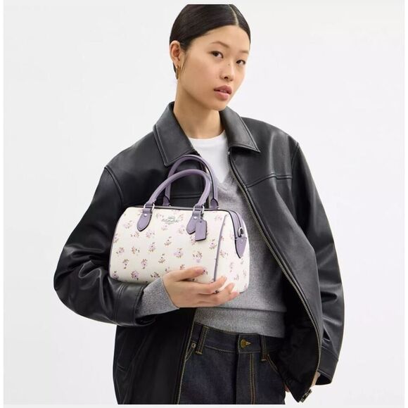 NWT COACH CAL58 ROWAN SATCHEL BAG WITH FLORAL PRINT Purple - Picture 8 of 8